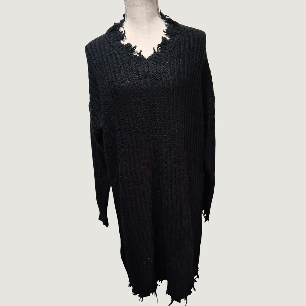 Hyfve Womens Black Distressed V-Neck Ribbed Knit Sweater Dress Size Medium